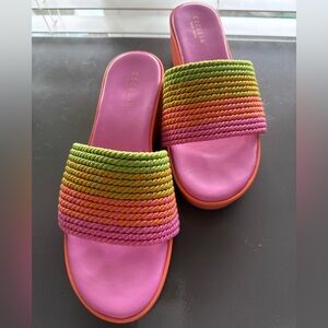 Cecelia New York Pink Rainbow Wedge Sandals, Size 8. Heel Height 2.5 Inches.